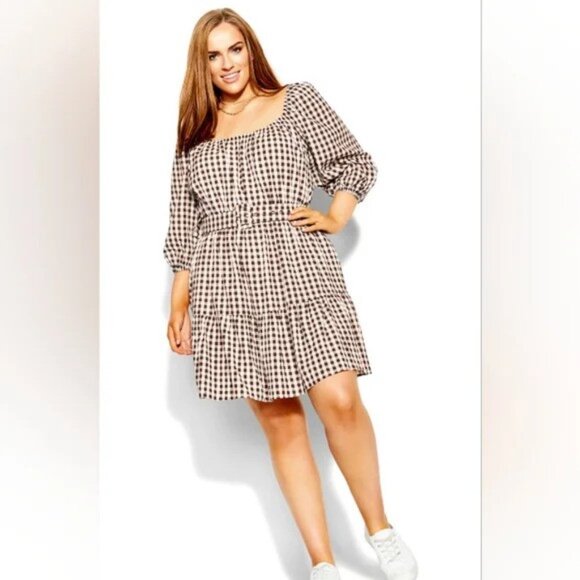 City Chic Cocoa Gingham Linen Blend Dress Women's 22 NWT - Picture 1 of 9